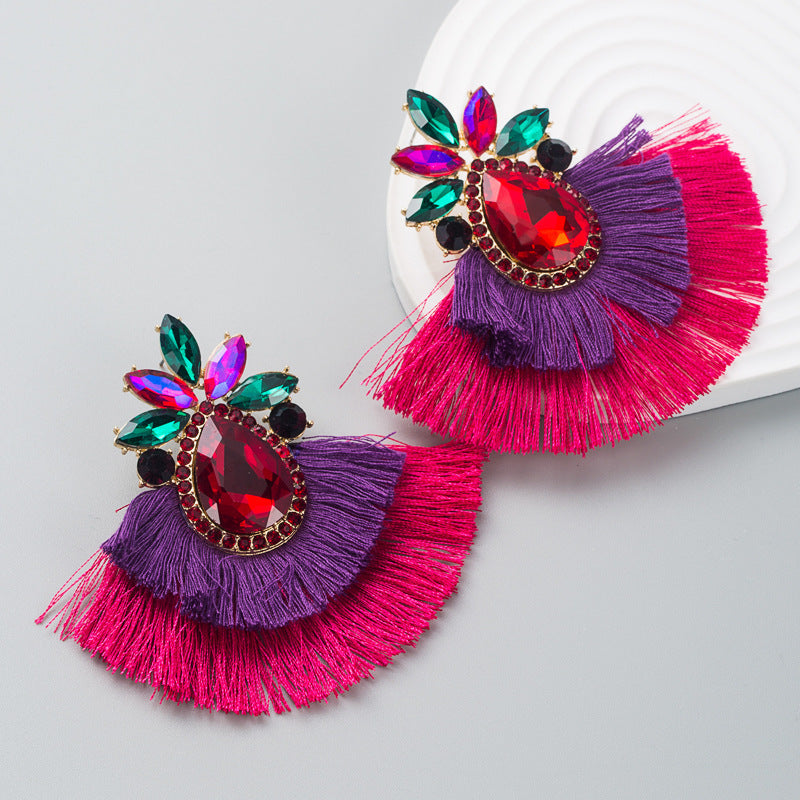 Boho Alloy Tassel Earrings With Colorful Rhinestones